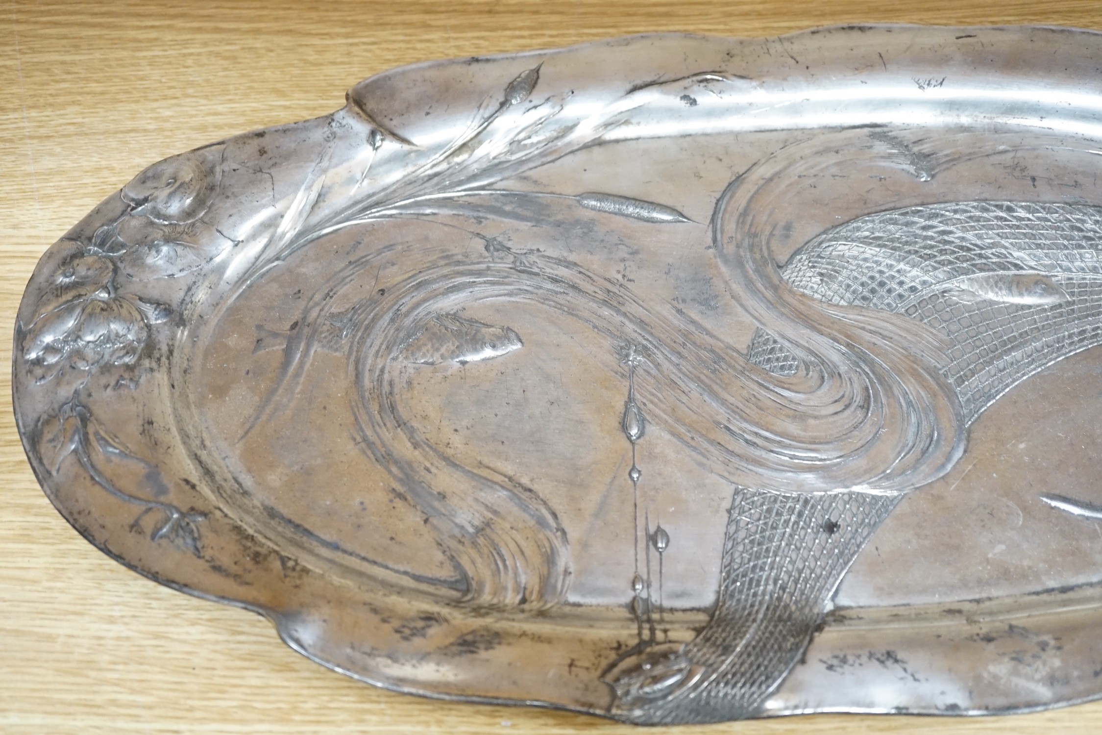 WMF style oval pewter fish dish, monogrammed and dated 1913 to reverse, 57cm long